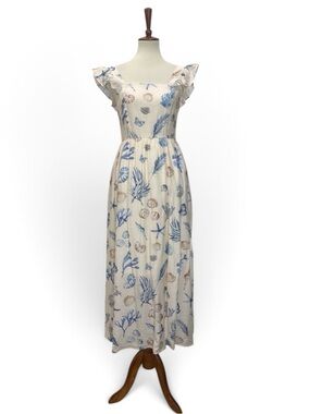 New Women’s Seashell Print Maxi Dress Ruffle Straps Square Neck Lined Size S